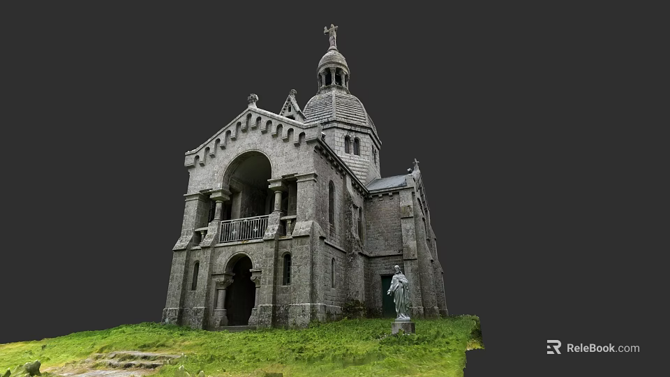 Historic European Architecture With Dome Spire Arched Doorway And Statue On Grass 3d model 