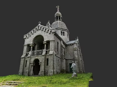 Historic European Architecture With Dome Spire Arched Doorway And Statue On Grass 3d model
