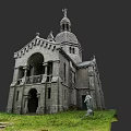 Historic European Architecture With Dome Spire Arched Doorway And Statue On Grass