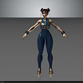 3D Character With Blue Outfit Pigtail Hairstyle Wristbands Sport Shoes Standing Pose Gray Background