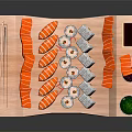 Fresh Sushi Platter With Salmon Slices Various Rolls Soy Sauce Chopsticks And Green Tea