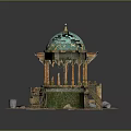 Cartoon Scene Featuring Green Dome Golden Decorations Stone Columns Stone Base Wooden Bucket and Ladder