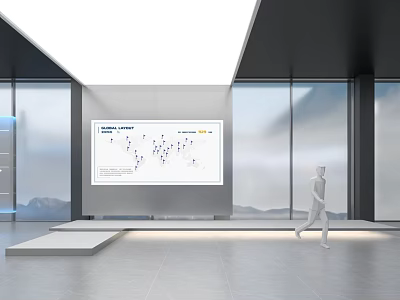 Modern Interactive Exhibition Space With Large Screen Group Activity Dot Pattern And Mountain View 3d model