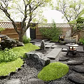 Tranquil Courtyard Garden Design With Stone Lantern Pebble Path Pine Tree And Green Plants