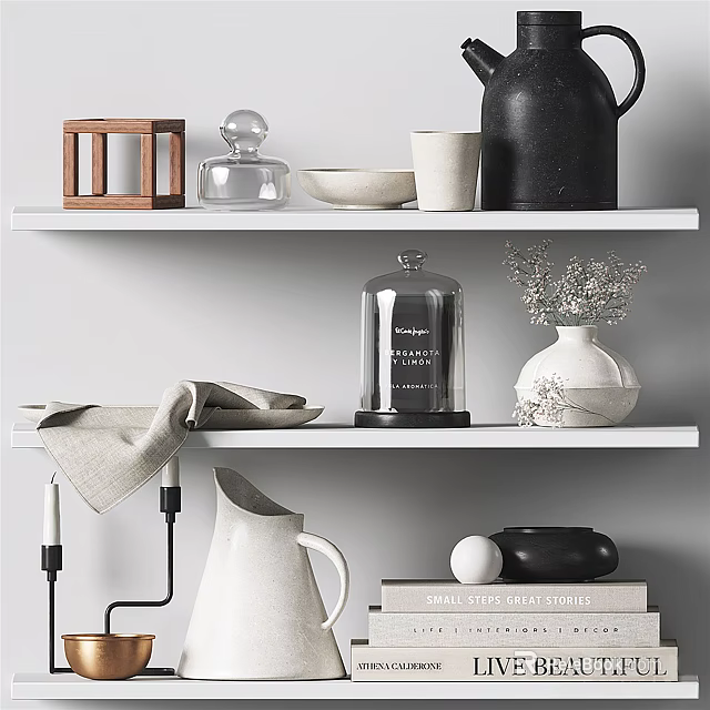 Modern Decorative Items Arrangement on White Shelves with Vases Bowls Glass Cloches and Wooden Frame 3d model 