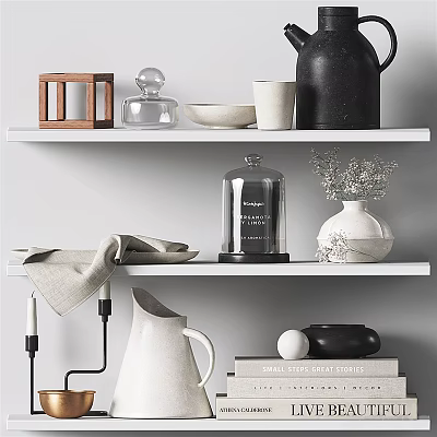 Modern Decorative Items Arrangement on White Shelves with Vases Bowls Glass Cloches and Wooden Frame 3d model