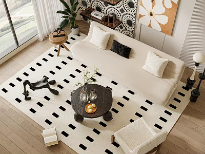 Modern Sofa And Coffee Table Set With Pillows And Plants On Black White Geometric Rug 3d model