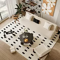 Modern Sofa And Coffee Table Set With Pillows And Plants On Black White Geometric Rug