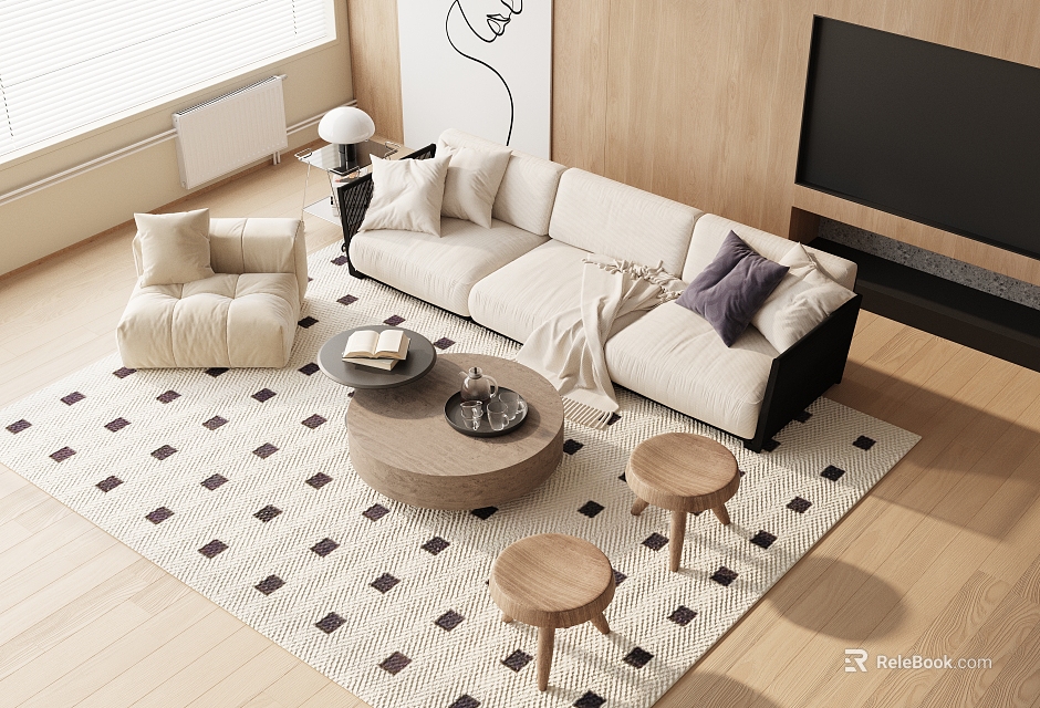 Modern Sofa and Coffee Table Set With Geometric Rug Throw Pillows and Side Stools 3d model 
