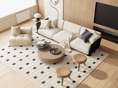 Modern Sofa and Coffee Table Set With Geometric Rug Throw Pillows and Side Stools 3d model
