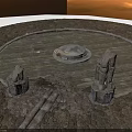 Circular Stone Paved Outdoor Area With Wooden Platform Central Stone Pit And Stone Pillars
