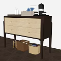 Modern Dark Brown And Light Wood Sideboard With Four Gold Handle Drawers And Storage Baskets