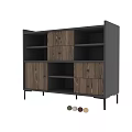 Modern Decorative Cabinet Featuring Wooden Panels Open Shelves Drawers And Metal Legs