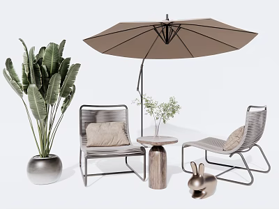 Stylish Woven Outdoor Chairs With Umbrella Side Table Green Plants And Decorative Rabbit 3d model