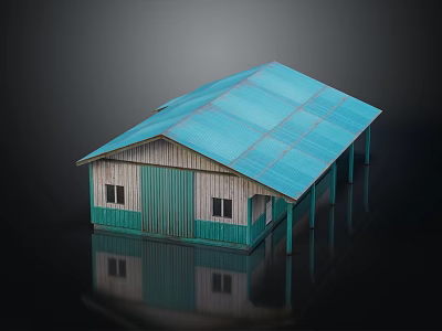 Small House With Blue Roof Green Door Wooden Walls And Windows Reflection 3d model