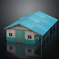 Small House With Blue Roof Green Door Wooden Walls And Windows Reflection
