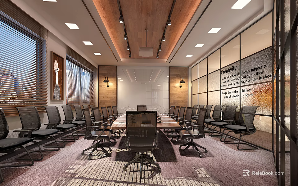 Modern Conference Room Interior With Long Table Ergonomic Chairs Wooden Ceiling And Glass Walls 3d model 
