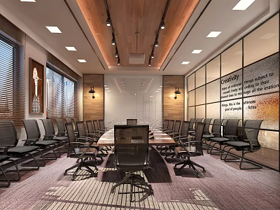 Modern Conference Room Interior With Long Table Ergonomic Chairs Wooden Ceiling And Glass Walls 3d model