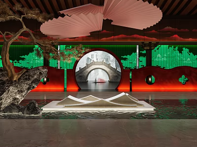 Traditional Chinese Interior Design With Rockery Water Feature Circular Arch And Fan Shaped Decorations 3d model