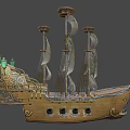 Wooden Pirate Ship Model with White Sails Skull Emblem and Decorative Teeth on Bow