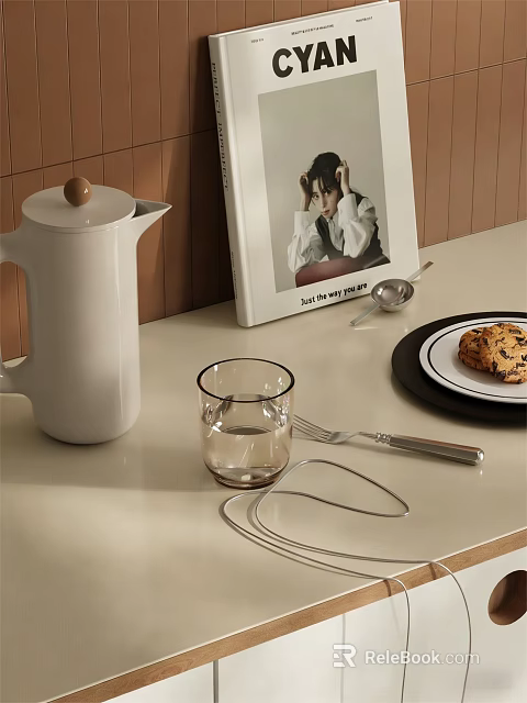 Decorative Ornament Set With White Kettle Clear Glass Cup And Magazine Cookie Fork Metal Ring 3d model 