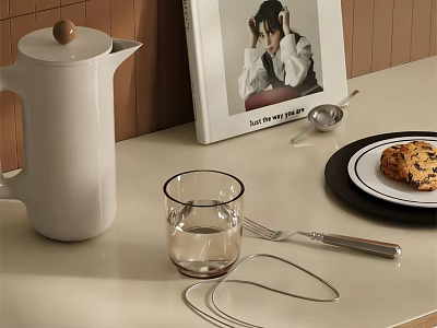 Decorative Ornament Set With White Kettle Clear Glass Cup And Magazine Cookie Fork Metal Ring 3d model