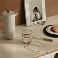 Decorative Ornament Set With White Kettle Clear Glass Cup And Magazine Cookie Fork Metal Ring