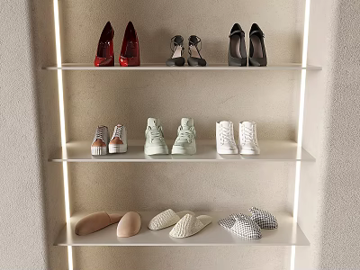 Different Types of Shoes Displayed on Lit Shelves with High Heels Sneakers and Flats 3d model