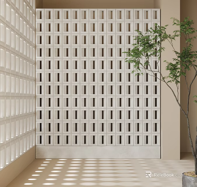Modern White Grid Partition In Indoor Space With Green Plant And Sunlight Patterns 3d model 