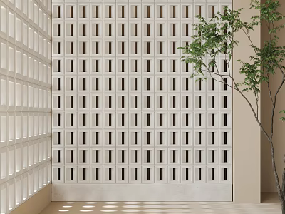 Modern White Grid Partition In Indoor Space With Green Plant And Sunlight Patterns 3d model
