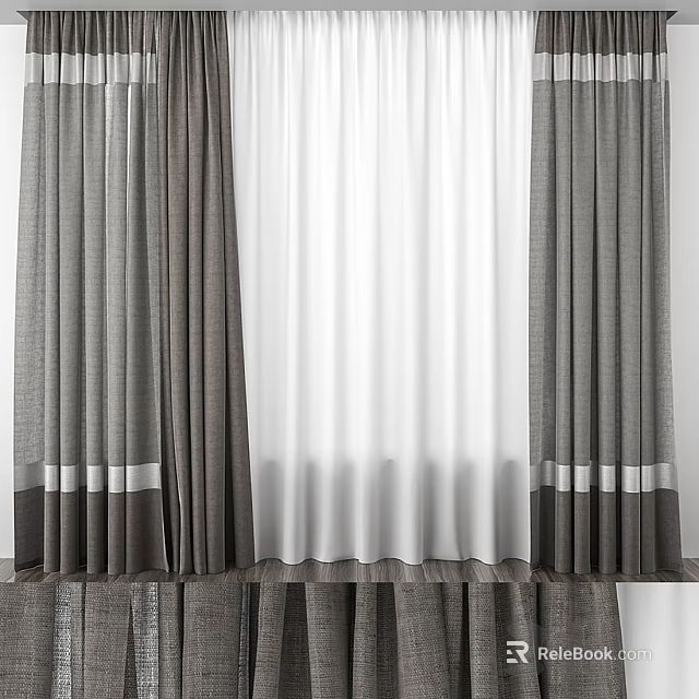 Modern Gray Curtains With White Sheer Layer And Bottom Accent Strips Design 3d model 