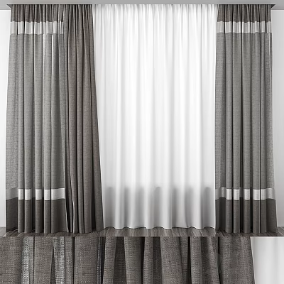 Modern Gray Curtains With White Sheer Layer And Bottom Accent Strips Design 3d model