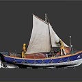 Vintage Wooden Boat With White Sail Blue Orange Hull Red Cargo And Yellow Details