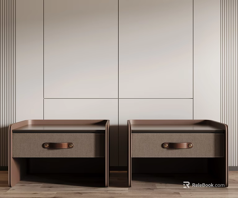 Two Modern Brown Bedside Tables With Single Drawer And Brass Handles Against Light Gray Wall 3d model 