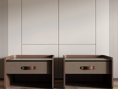 Two Modern Brown Bedside Tables With Single Drawer And Brass Handles Against Light Gray Wall 3d model