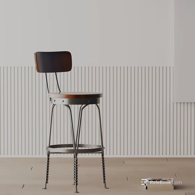 Modern Bar Stool With Metal Frame Wooden Seat And Minimalist Striped Wall Interior 3d model 