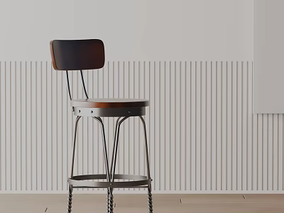 Modern Bar Stool With Metal Frame Wooden Seat And Minimalist Striped Wall Interior 3d model