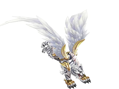 Mythical White Tiger With White Wings And Golden Decorative Patterns In Flight Pose 3d model