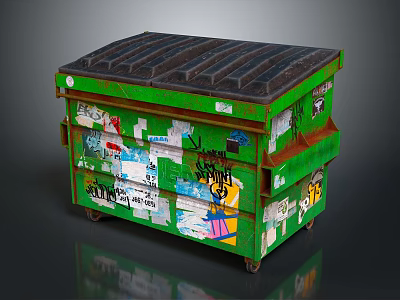 Green Trash Bin With Colorful Graffiti Stickers Rusted Surface And Black Lid 3d model