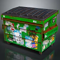 Green Trash Bin With Colorful Graffiti Stickers Rusted Surface And Black Lid