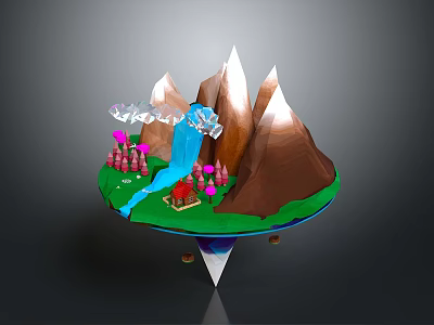 Fantasy Floating Landscape with Brown Mountains Blue River Waterfall and Pink Cottages 3d model