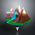 Fantasy Floating Landscape with Brown Mountains Blue River Waterfall and Pink Cottages
