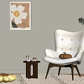 Cozy Fluffy White Armchair With Wooden Side Table Decor Bottles Pumpkin Lemons Wall Art Plant