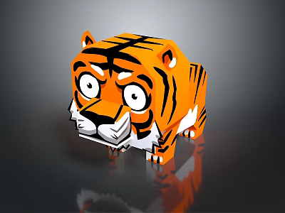 Cartoon Tiger 3D Polygonal Model With Orange Black Stripes And Large Eyes Design 3d model