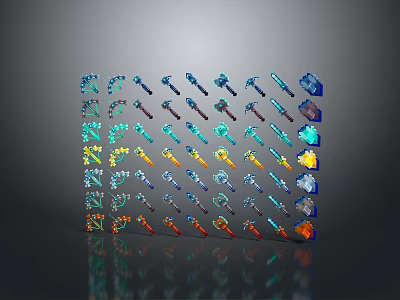 Various Colorful Game Weapons With Shiny Gemstone Decorations Arranged Neatly 3d model