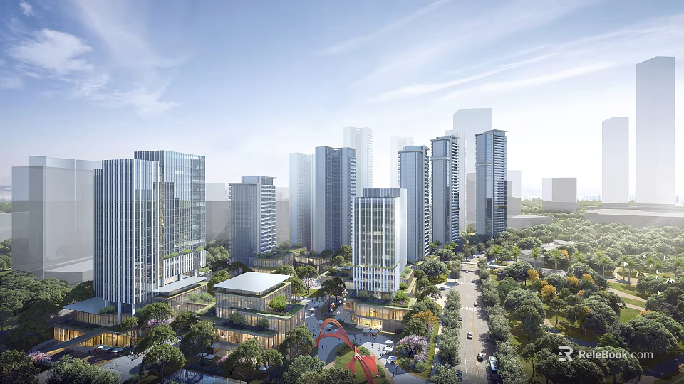 Modern Office Buildings In Urban High Rise Complex With Greenery Roads Vehicles And Sunlight 3d model 