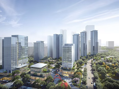 Modern Office Buildings In Urban High Rise Complex With Greenery Roads Vehicles And Sunlight 3d model