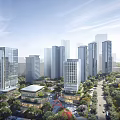 Modern Office Buildings In Urban High Rise Complex With Greenery Roads Vehicles And Sunlight