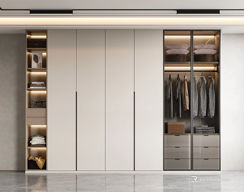 Modern Wardrobe Design With Open Shelves LED Lighting White Panels Glass Doors And Drawers 3d model 
