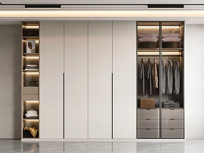 Modern Wardrobe Design With Open Shelves LED Lighting White Panels Glass Doors And Drawers 3d model